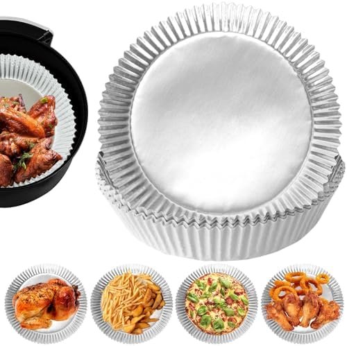 100 PCS Aluminum Foil Air Fryer Liners, Non-stick Air Fryer Disposable Paper Liner, Oil-proof Water-proof Sheets, Food Grade Aluminum Foil for Baking, Frying, Grilling, Roasting Microwave